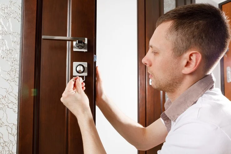 En låsesmed som reparerer et dørhåndtak på en hjemmedør